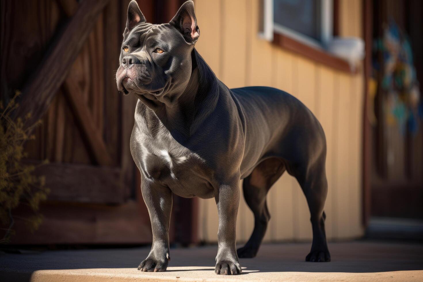 Portrait of a Great Dane dog or Bulldog standing in front of the house photo