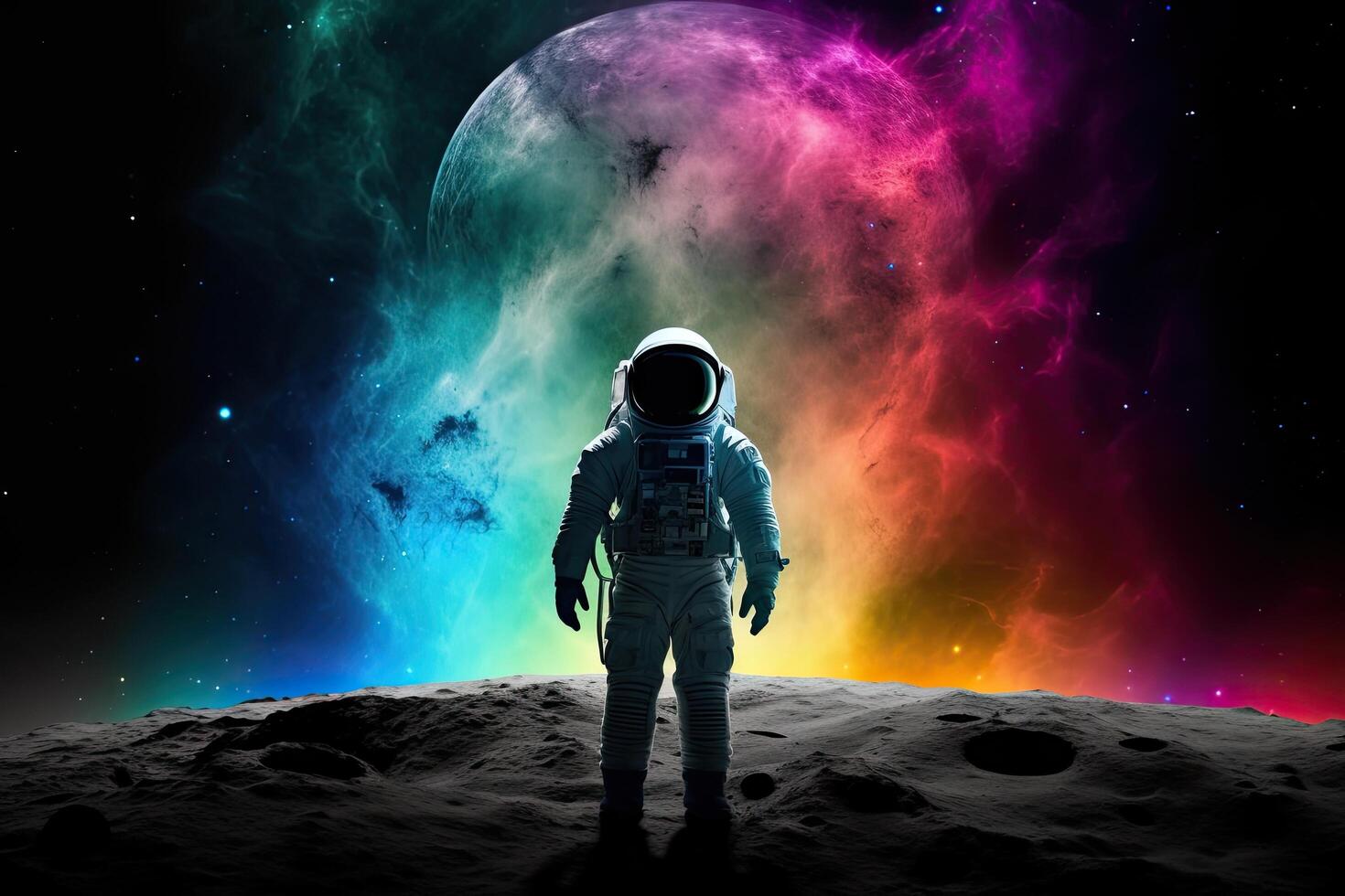 Astronaut in outer space against the background of the planet. An astronaut wearing a space suit with a full rear view in colorful space, photo