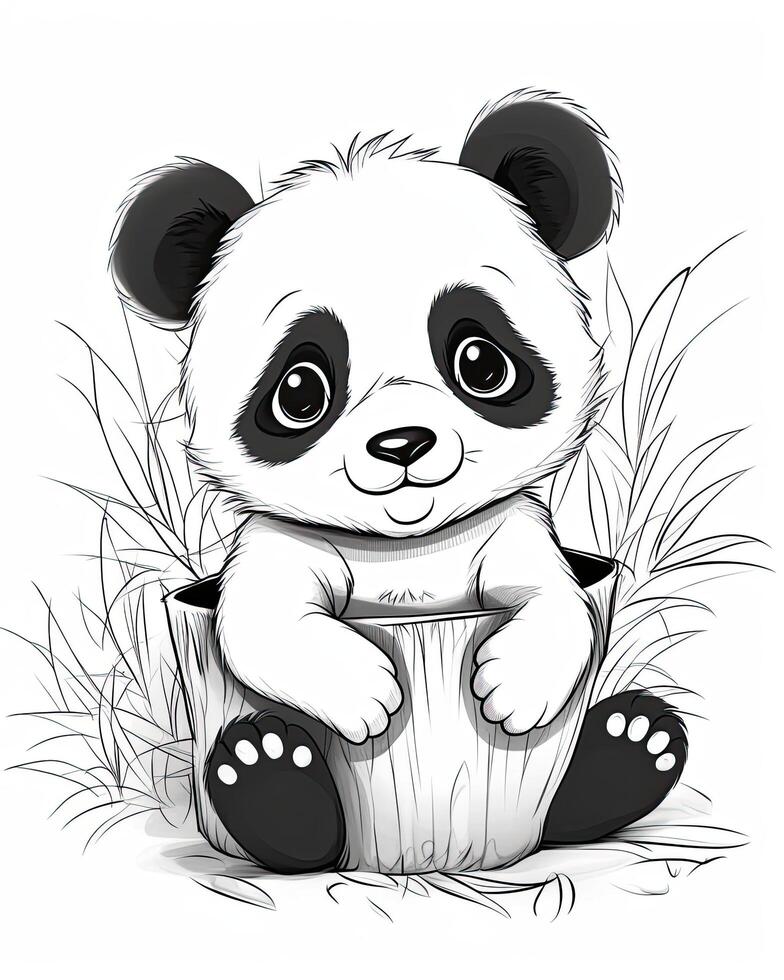 Black and white baby panda illustration. Cute baby panda sitting set design on a white background. Black and white panda cub eating bamboo illustration bundle. Baby panda illustration. . photo