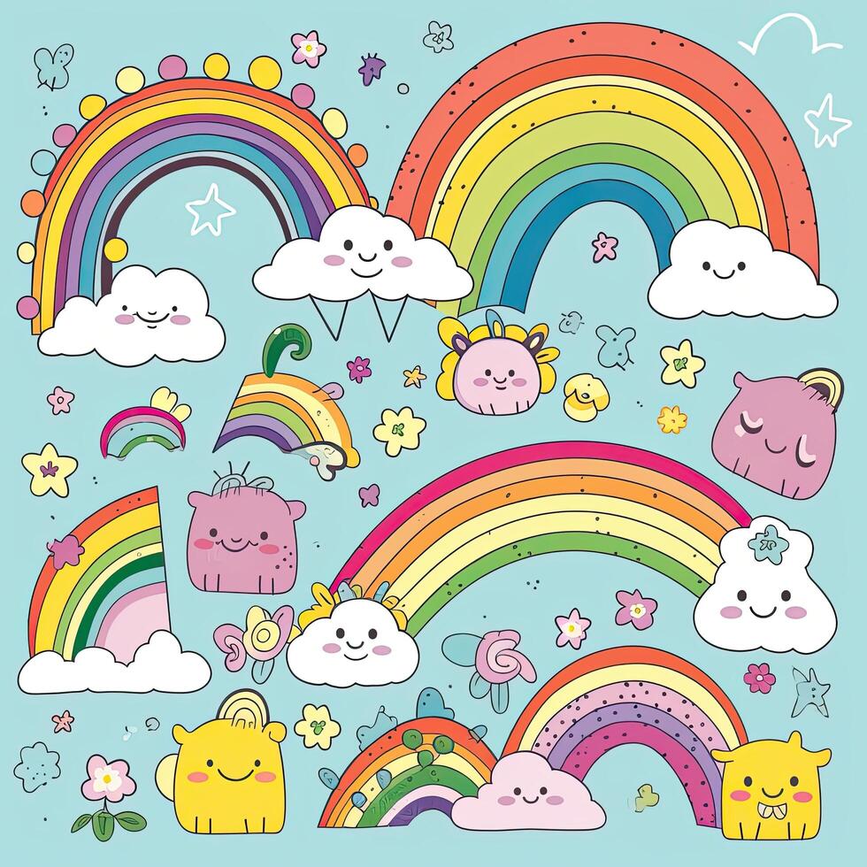 hermosa arco iris y nube dibujos animados diseño colección en blanco antecedentes. linda arcoiris con contento caras. nubes y arcoiris ilustración con contento caras. arco iris ilustración colocar. ai generado. foto