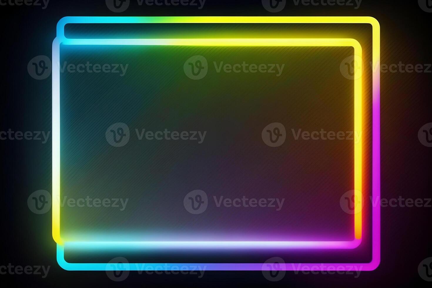 Colorful neon rectangle frame isolated on black background. Concept of glowing geometric shape at night time. . photo