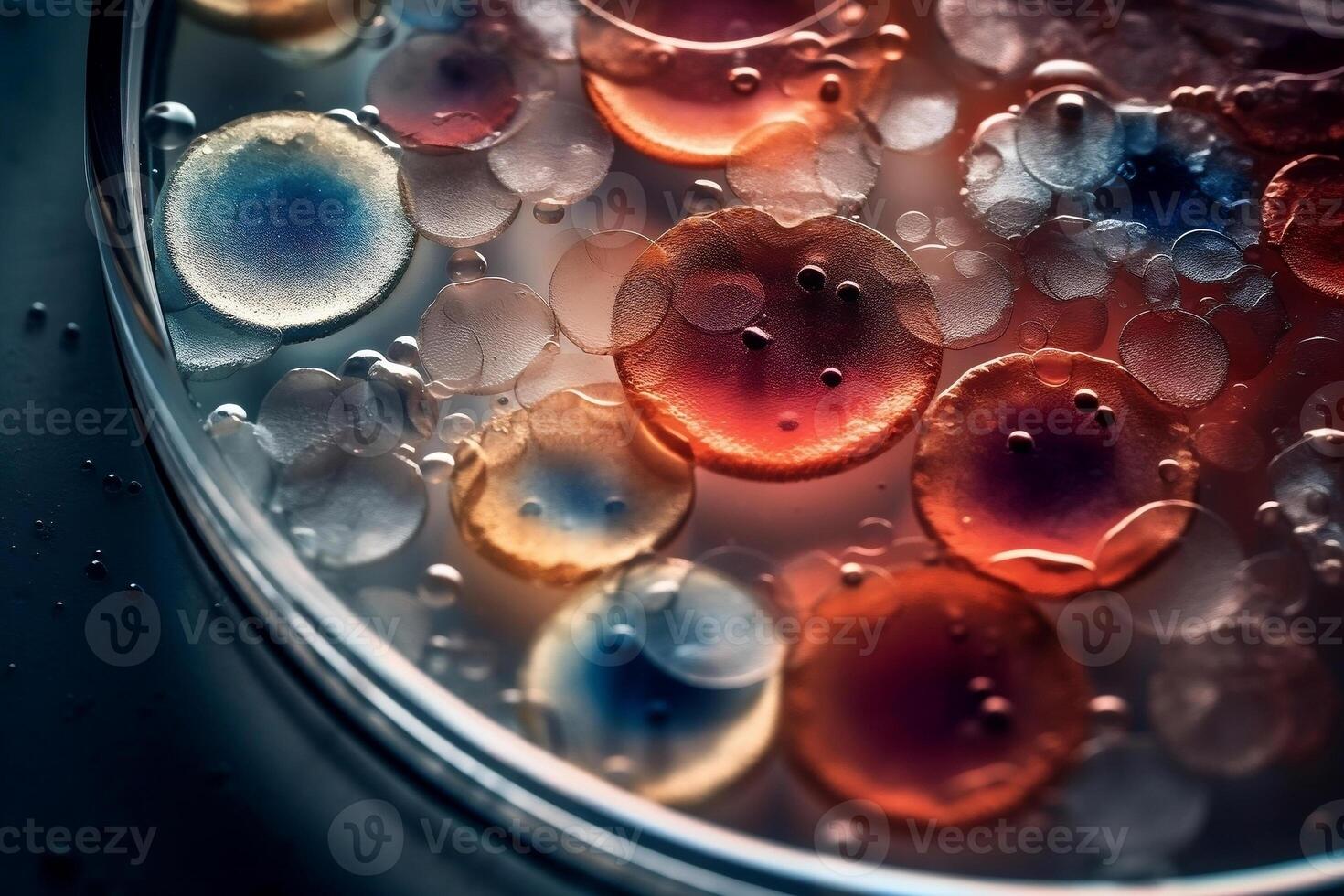 bacterias y virus células en un petri plato en un científico laboratorio. molde culturas experimental para bioquímica, biotecnología, biológico Ciencias laboratorio. ai generado. foto