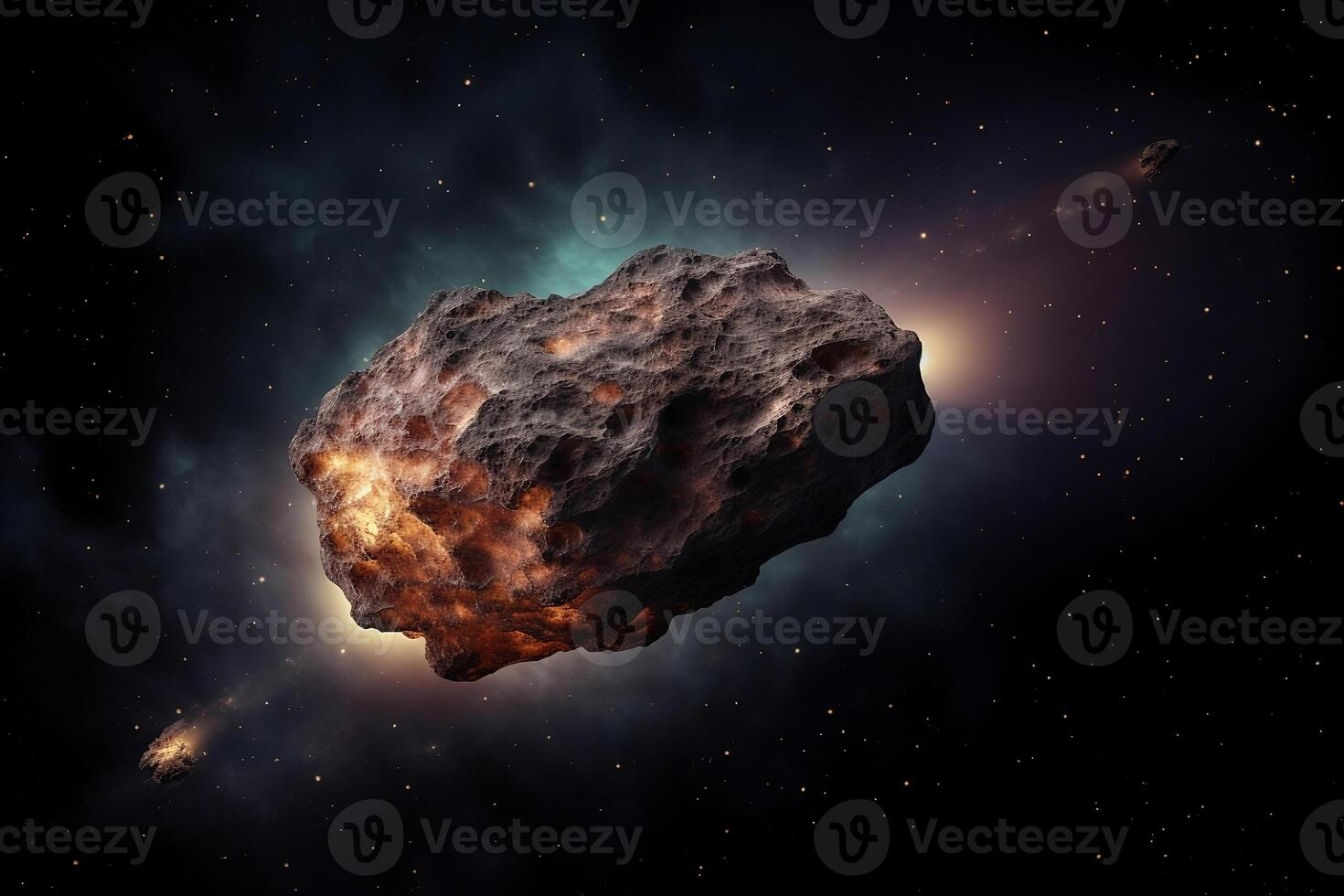 Abstract space illustration with an asteroid with a burning trail. illustration. photo