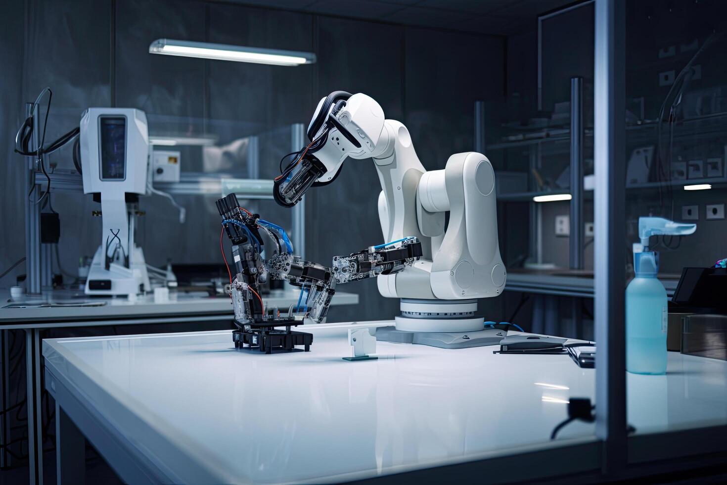 Robot in the laboratory. Industrial robot working in the laboratory. An AI robot in a laboratory doing chemical research, photo