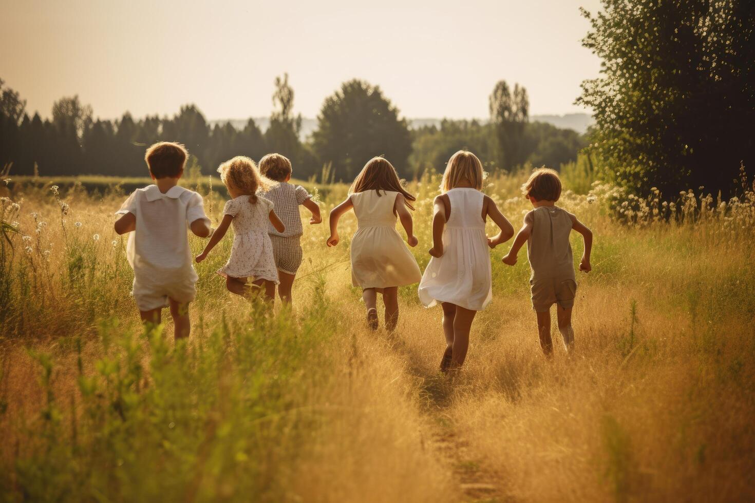 grupo de contento niños corriendo en el campo a puesta de sol. espalda vista. un grupo de contento niños lleno posterior ver corriendo un césped campo, ai generado foto