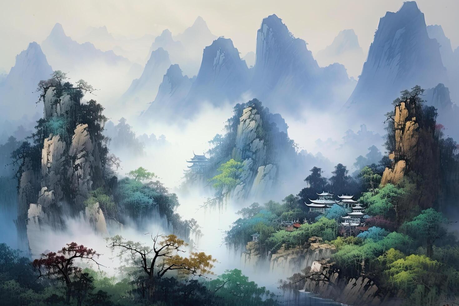 Mountain landscape with fog in Huangshan National Park, China, A blue mountain painting capturing a beautiful landscape, handcrafted with meticulous brushstrokes. photo