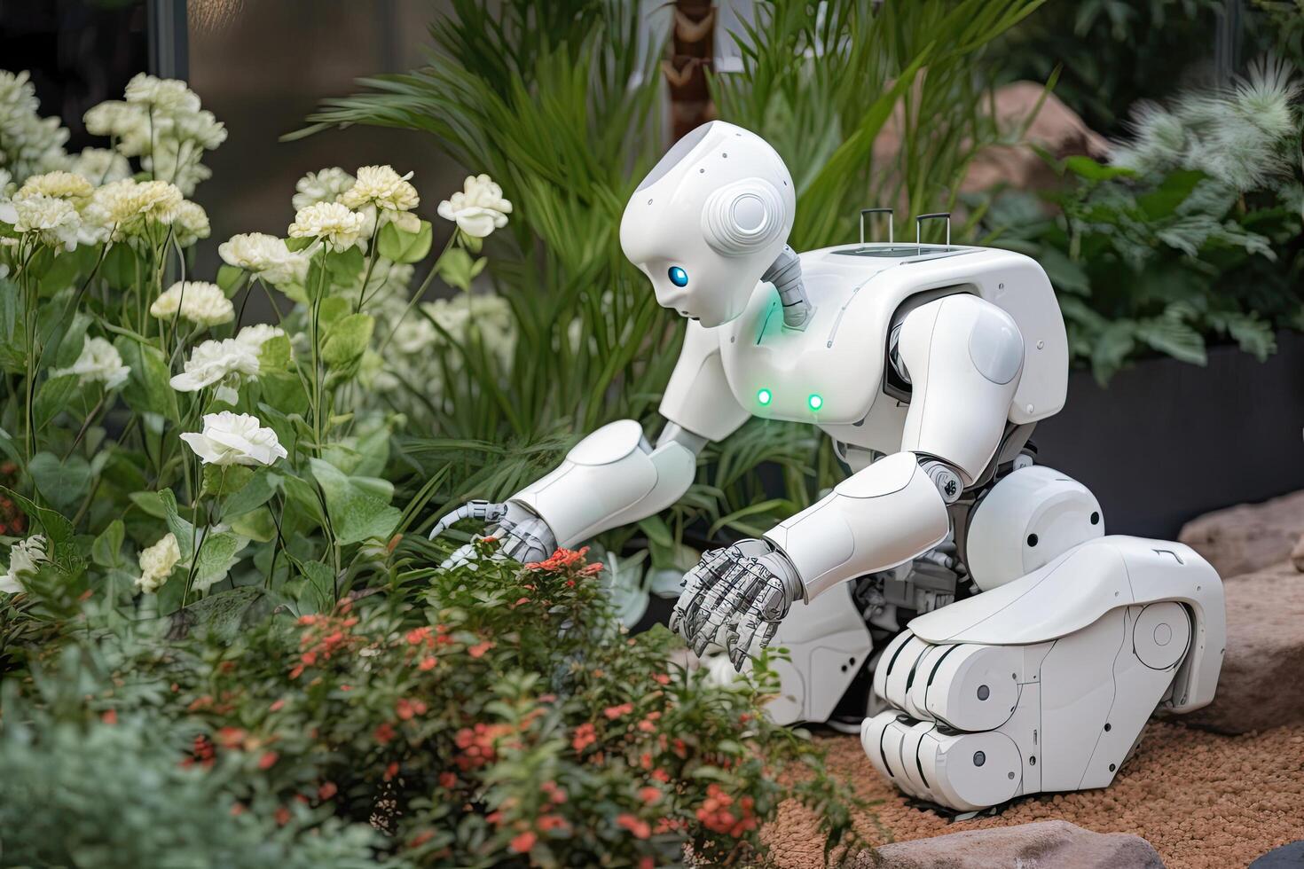 Robot in the garden. Artificial intelligence concept. Cute robot. A