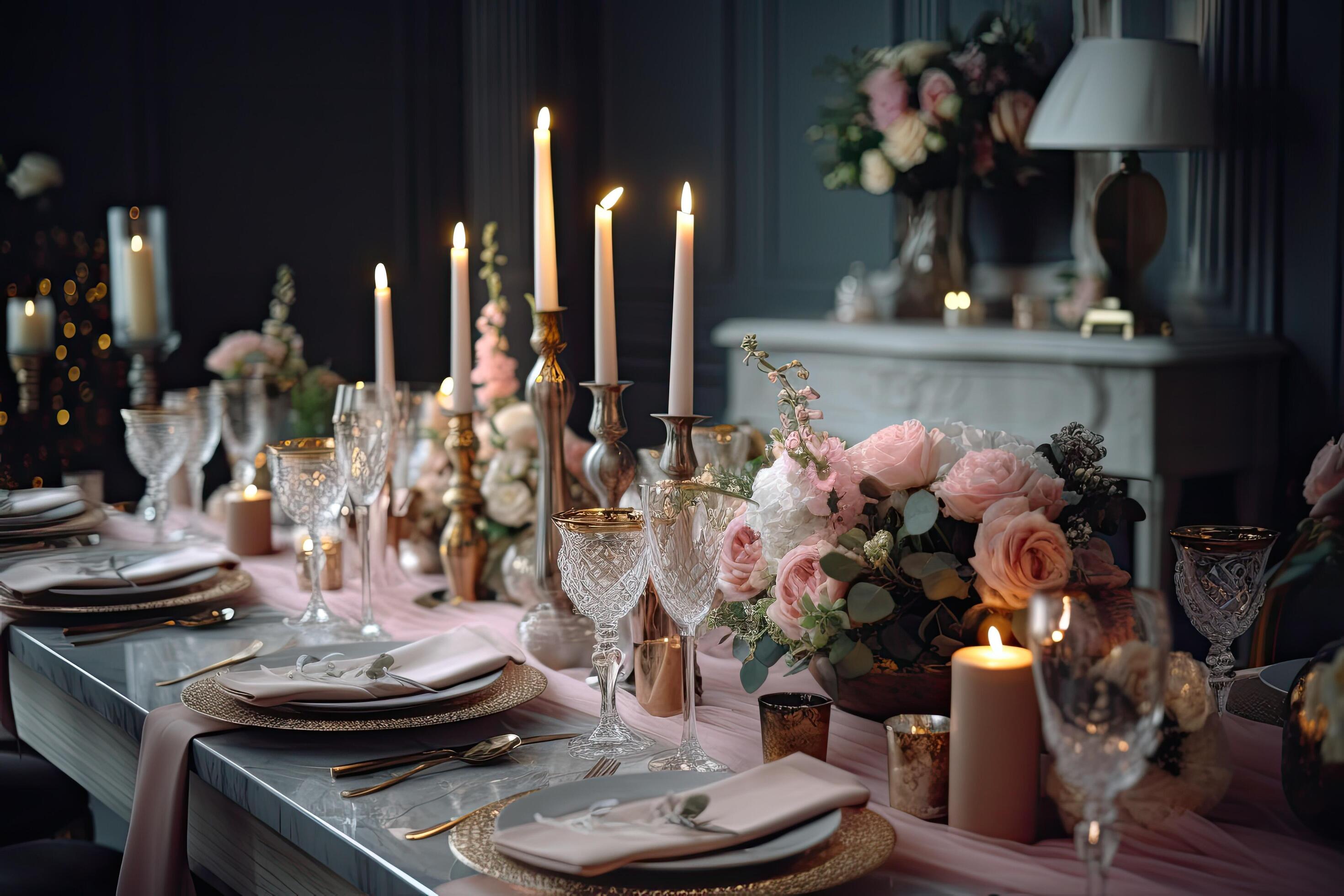 Elegant table setting with candles, flowers, and cutlery, A beautifully