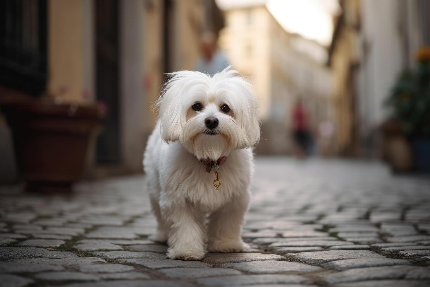 Cute Maltese dog standing on the cobblestone street. photo