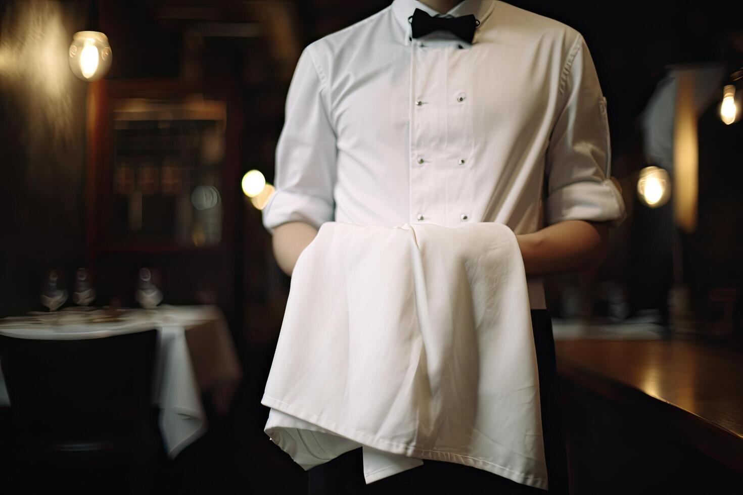 camarero con un blanco camisa y arco Corbata en un restaurante. un masculino servidor vistiendo un servidor uniforme y participación un toalla, ai generado foto