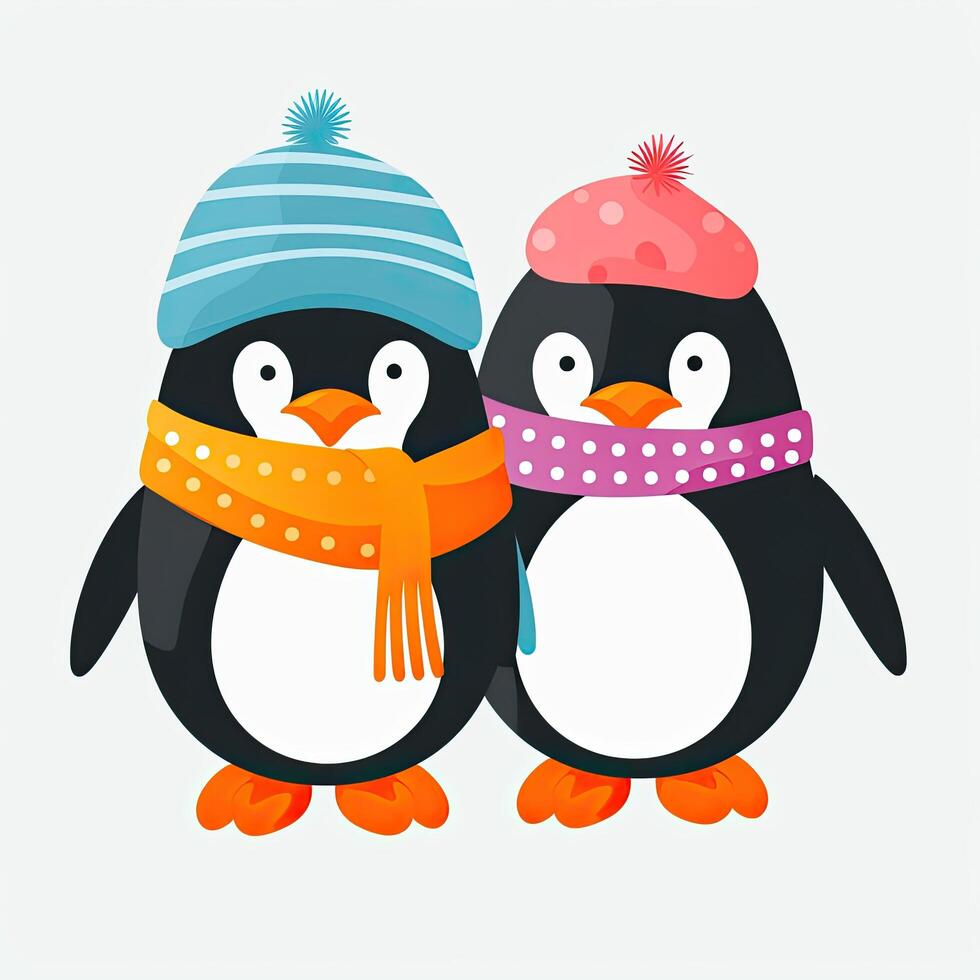 Cute penguins cartoon collection design. Colorful Penguin cartoon collection for kids coloring pages. Colorful Penguin wearing muffler and hat set design. . photo
