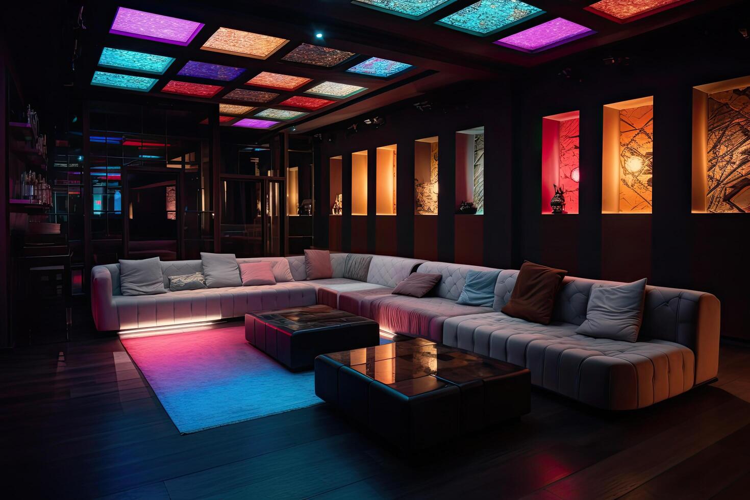 Interior of modern living room with colorful lighting, 3d render, A decorated night club with stylish couches and colorful cocktail tables, photo