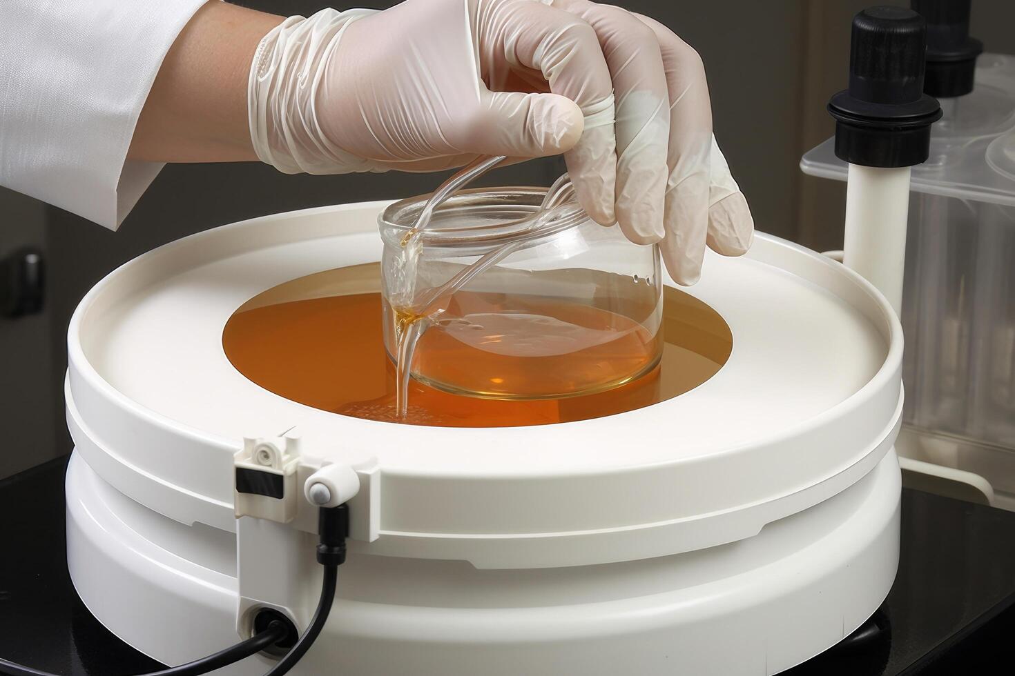 laboratorio cristalería con orina muestra en el manos de un doctor, un químico utilizando un centrífugo a prueba líquidos, en un de cerca vista, ai generado foto