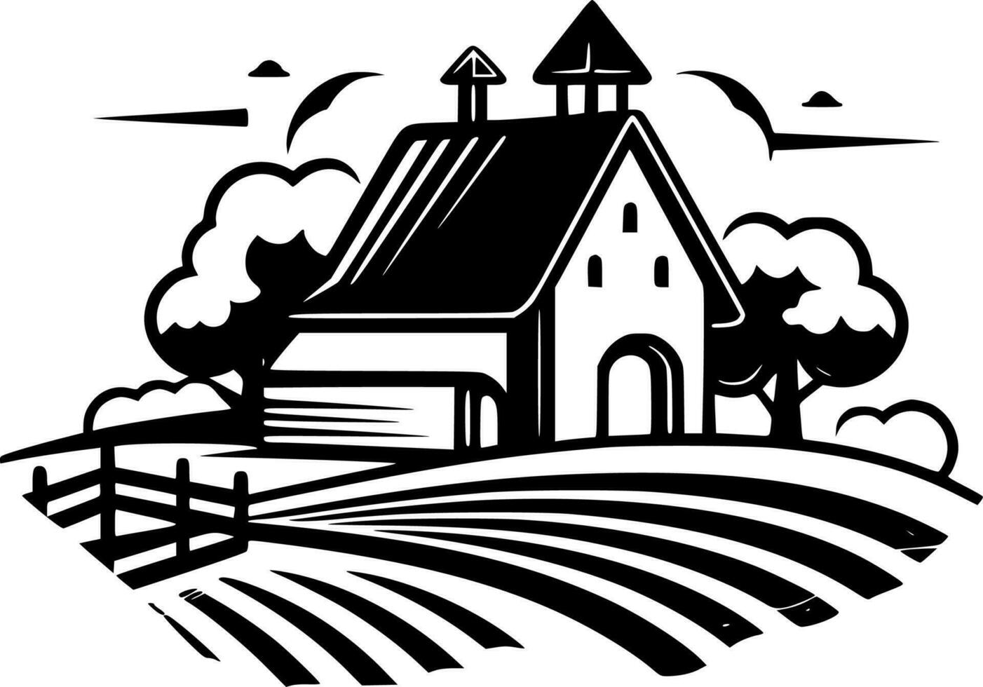 Farm, Black and White Vector illustration