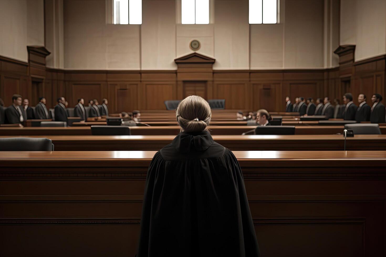 Rear view of a woman in a black robe sitting at the table in front of the crowd, A court attorney lawyer full rear view inside court, photo