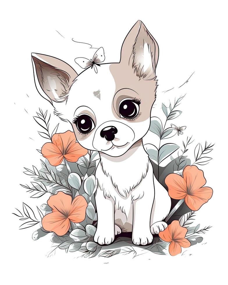 Cute puppy sitting illustration bundle. Cute colorful puppy set illustration. Beautiful puppy illustration bundle with colorful rainbows and flowers. Dog cartoon illustration for kids. . photo