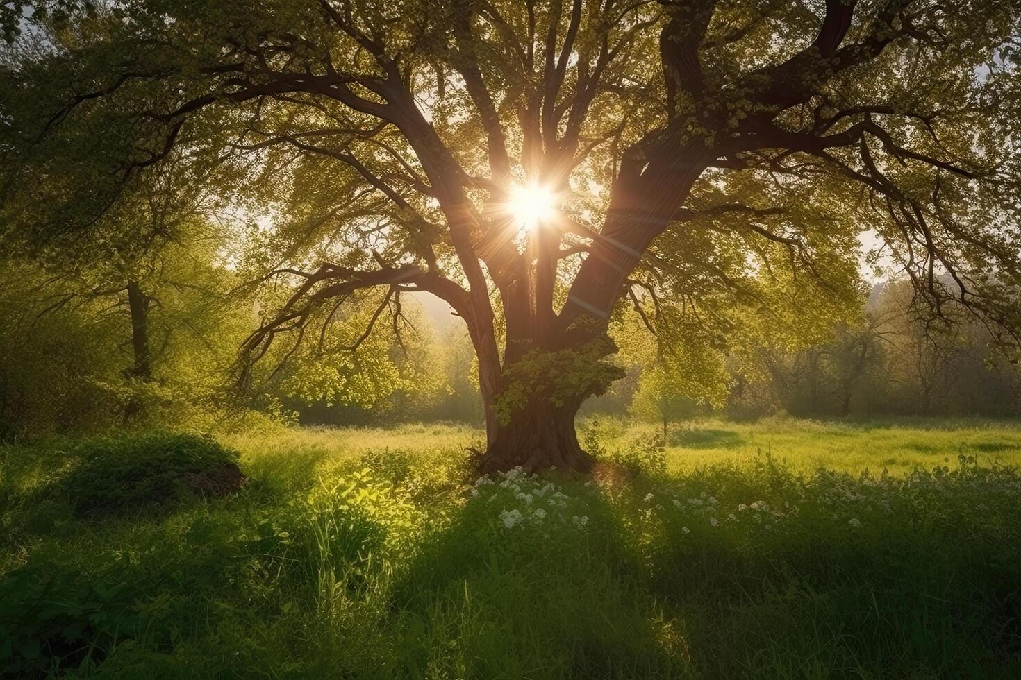 hermosa verano paisaje con un antiguo roble árbol y Dom en el mañana, un hermosa naturaleza ver con un verde árbol en el mañana, ai generado foto