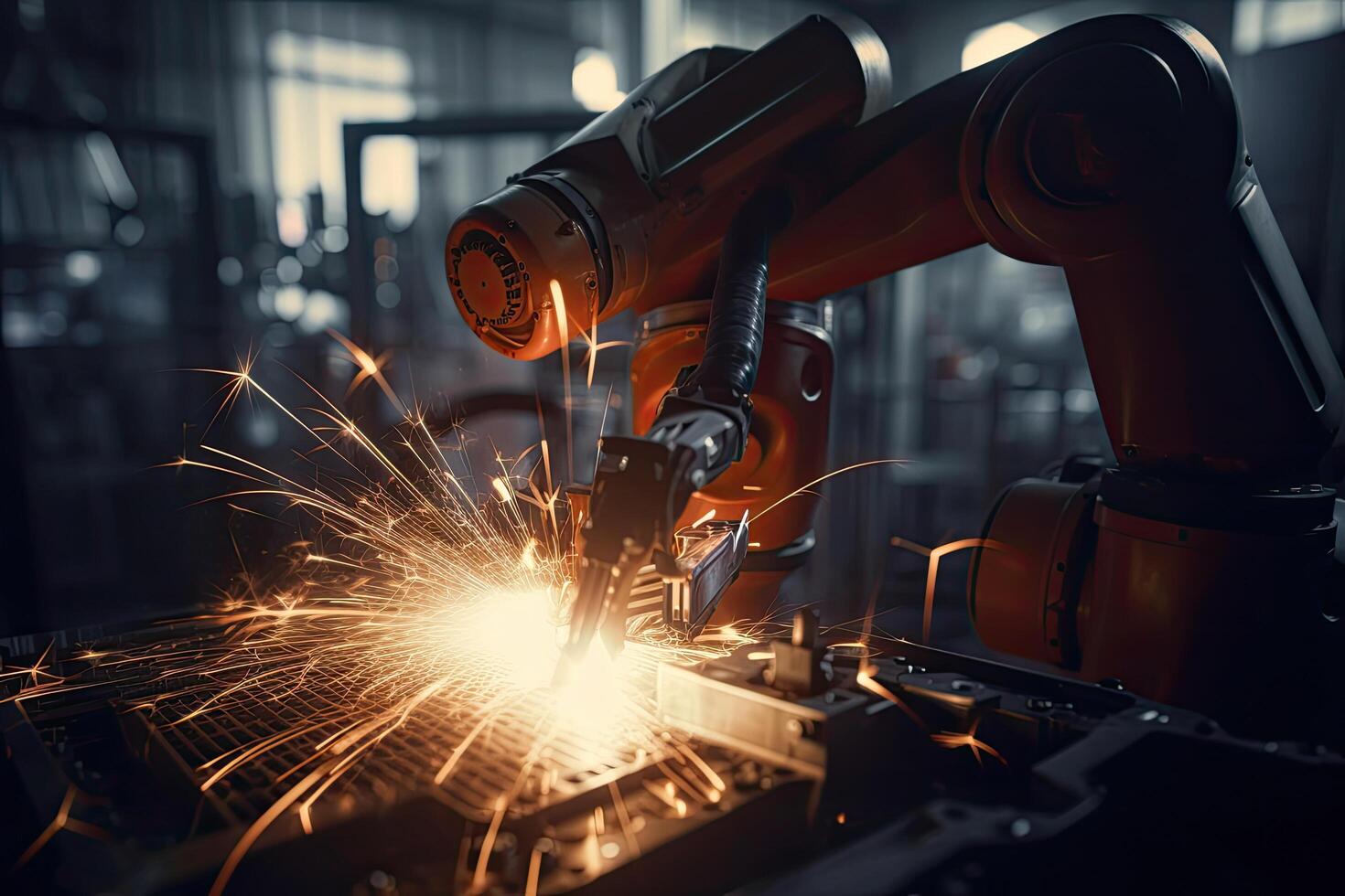 Industrial robots are welding in the factory. Automotive industry. A robot hand welding in a factory joins metal components together, sparks flying, photo