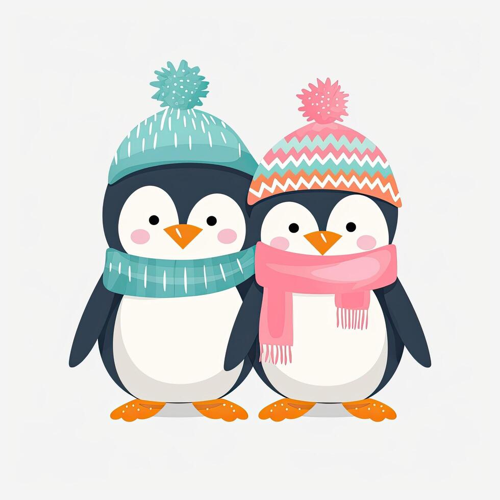 Cute penguins cartoon collection design. Cute Penguins cartoon illustration on a white background. Colorful Penguin wearing muffler and hat set design. . photo