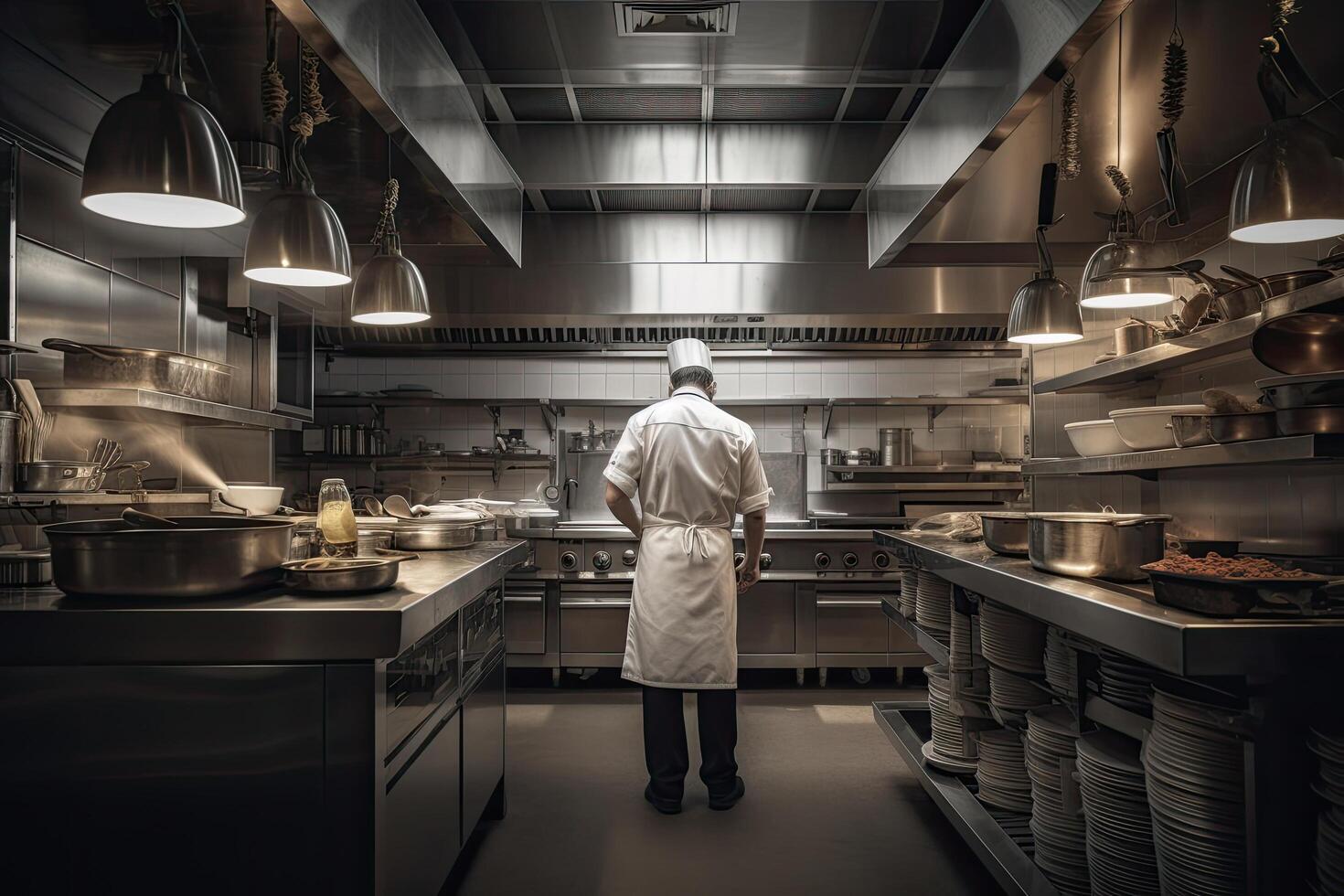 retrato de un profesional cocinero en pie en el cocina de un restaurante, un cocineros lleno posterior ver dentro un moderno cocina, preparando Exquisito platos. ai generado foto