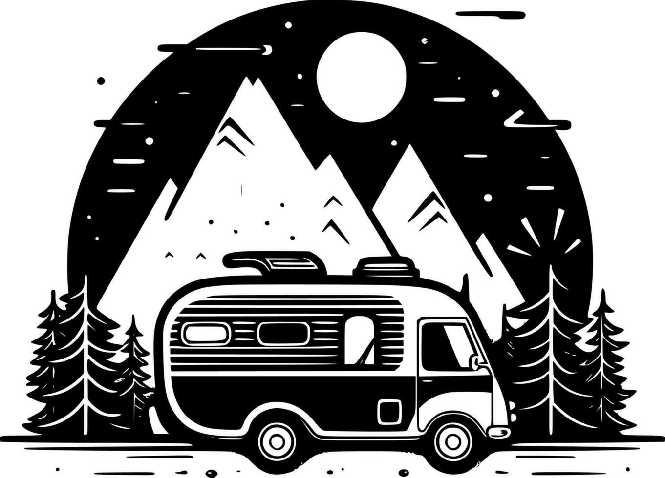 Camping, Black and White Vector illustration
