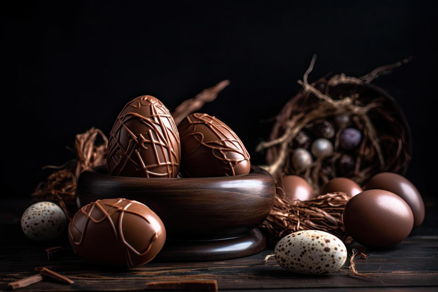 Easter composition with chocolate eggs and nest on dark wooden background. . photo