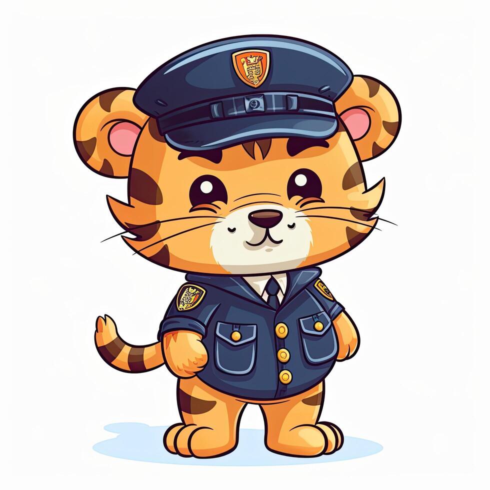 Tigre policía dibujos animados recopilación. linda Tigre cachorro vistiendo policía vestidos. hermosa Tigre policía dibujos animados diseño en blanco antecedentes. bebé Tigre ilustración colocar. ai generado. foto