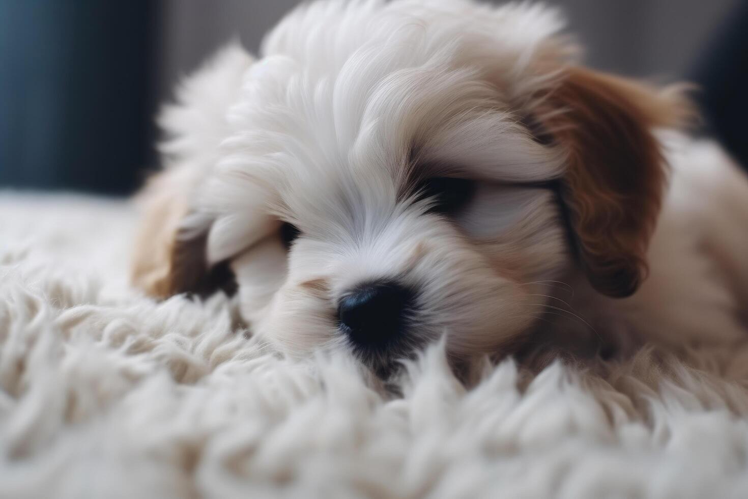 A cute Shih Tzu puppy is lying on the bed. photo