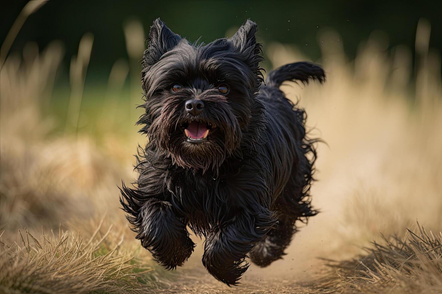 A black Scottish terrier is running in the field. photo