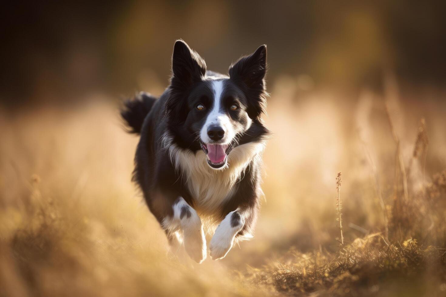 Border collie dog running in the autumn field. Selective focus. photo