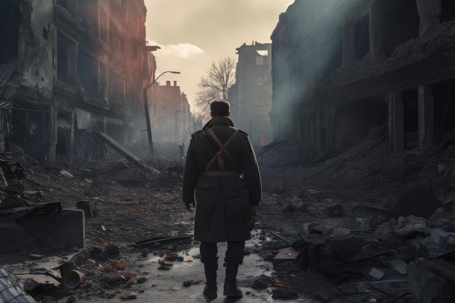 War in Ukraine. A man stands in front of a destroyed building in Kiev, A soldier standing amidst the ruins of a destroyed city after a nuclear explosion, photo