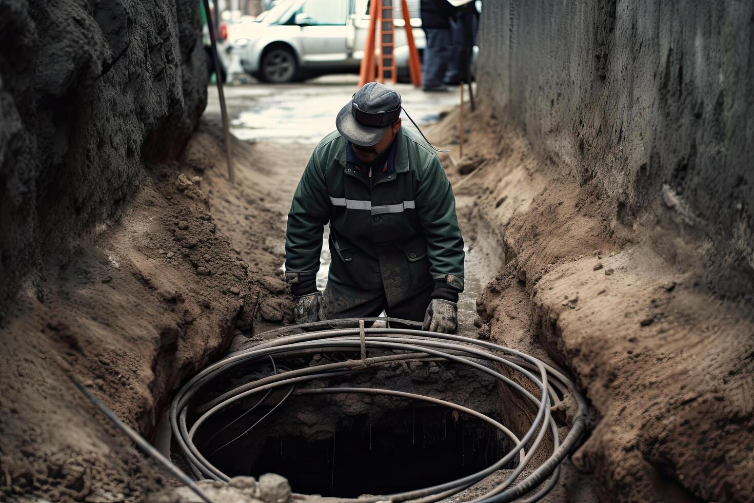 trabajador a el construcción sitio de el Fundación de el edificio. un hombre diligentemente trabajando a Instalar en pc o reparar algo, ai generado foto