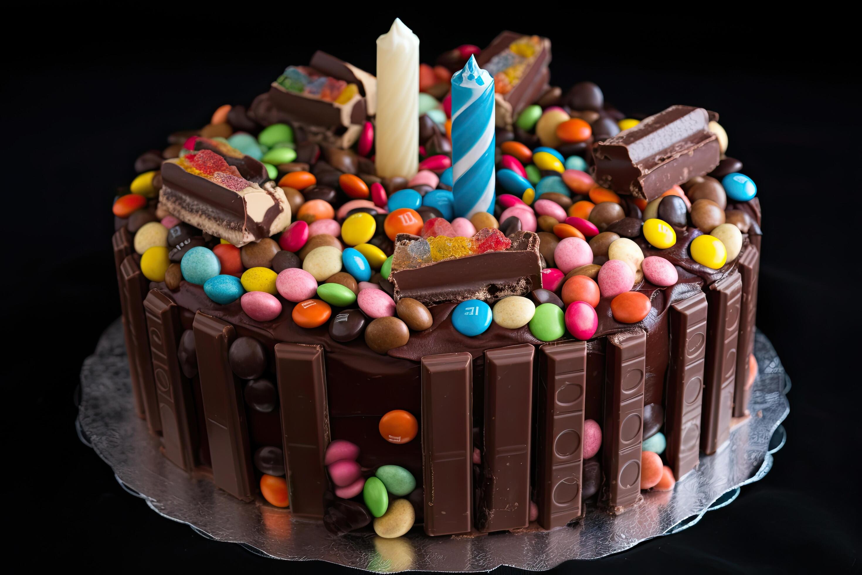 Birthday chocolate cake with candies and candles on a black background