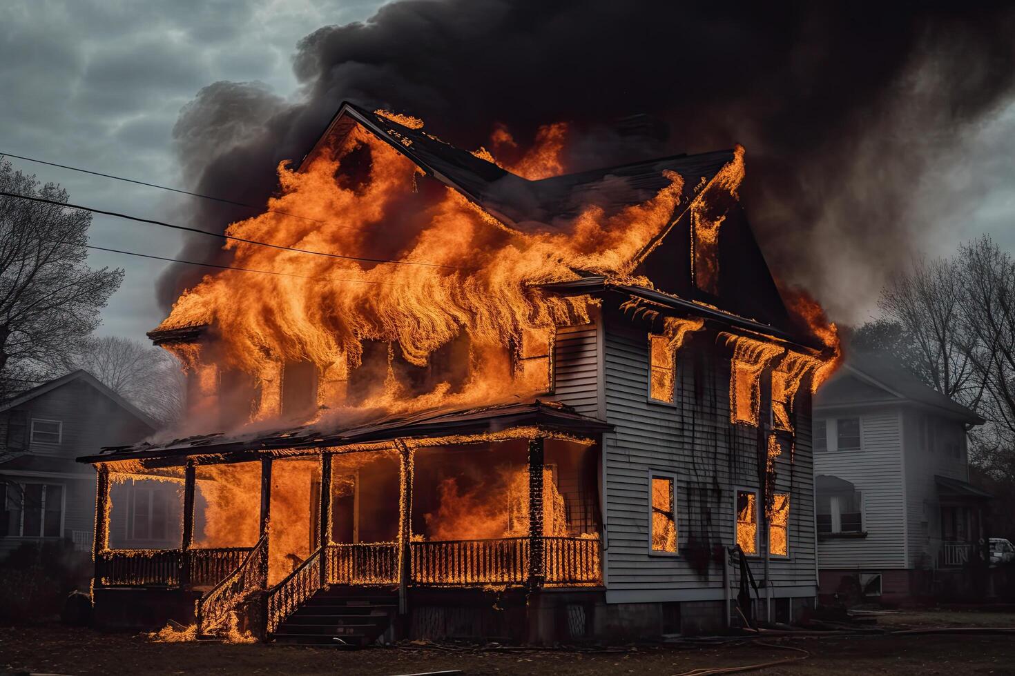 Burning house. Fire in the old house. Burning house. A house is on fire, photo