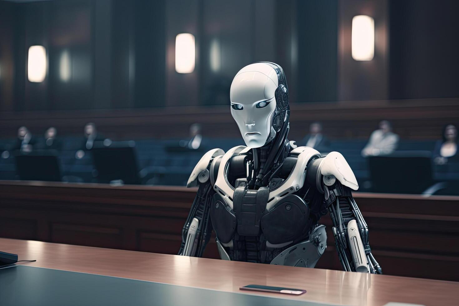 Humanoid robot sitting at the table in a courtroom or law enforcement office, A futuristic AI robot judge in a courthouse, photo