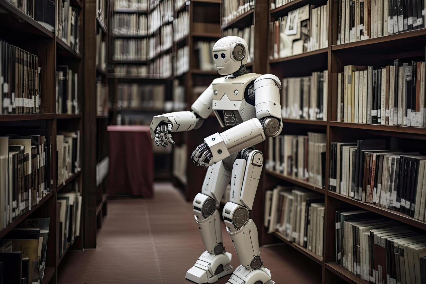 Robot in a library. Education concept. 3d rendering. An AI robot librarian stocking books in a library, photo