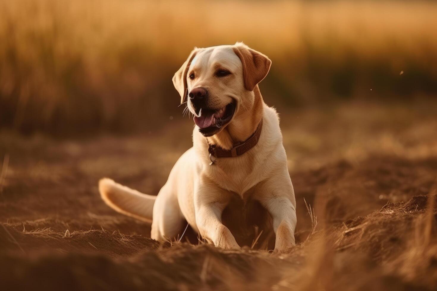 Labrador retriever dog running in the field at sunset. Yellow labrador retriever puppy. photo