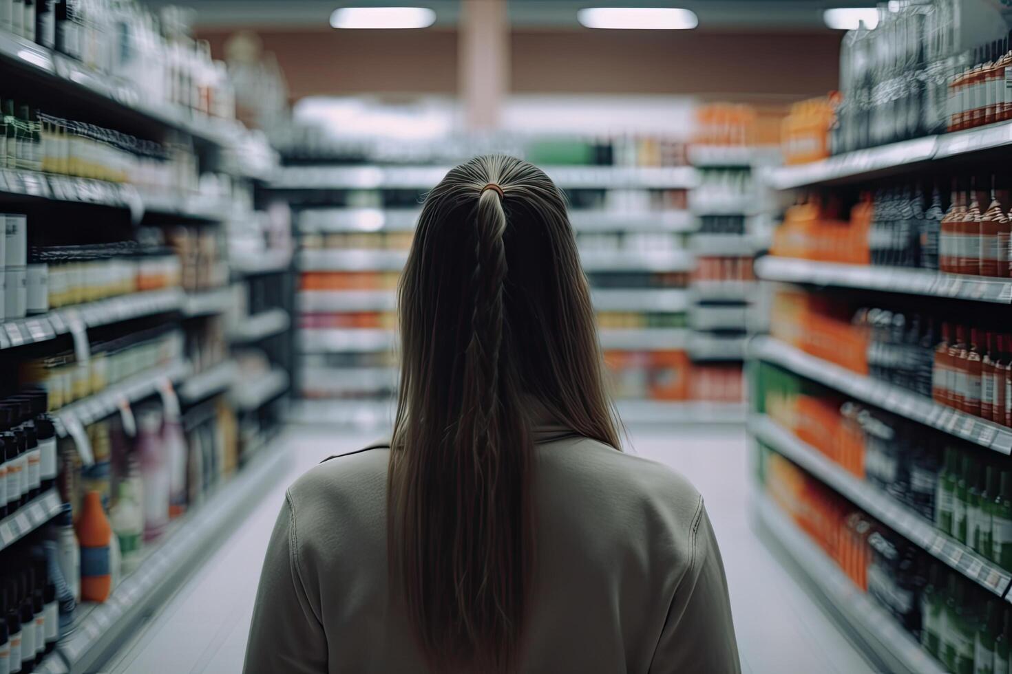 Back view of young woman looking at shelves with bottles of wine in supermarket, A rear view of a woman purchasing products in a store, holding shopping bags, photo