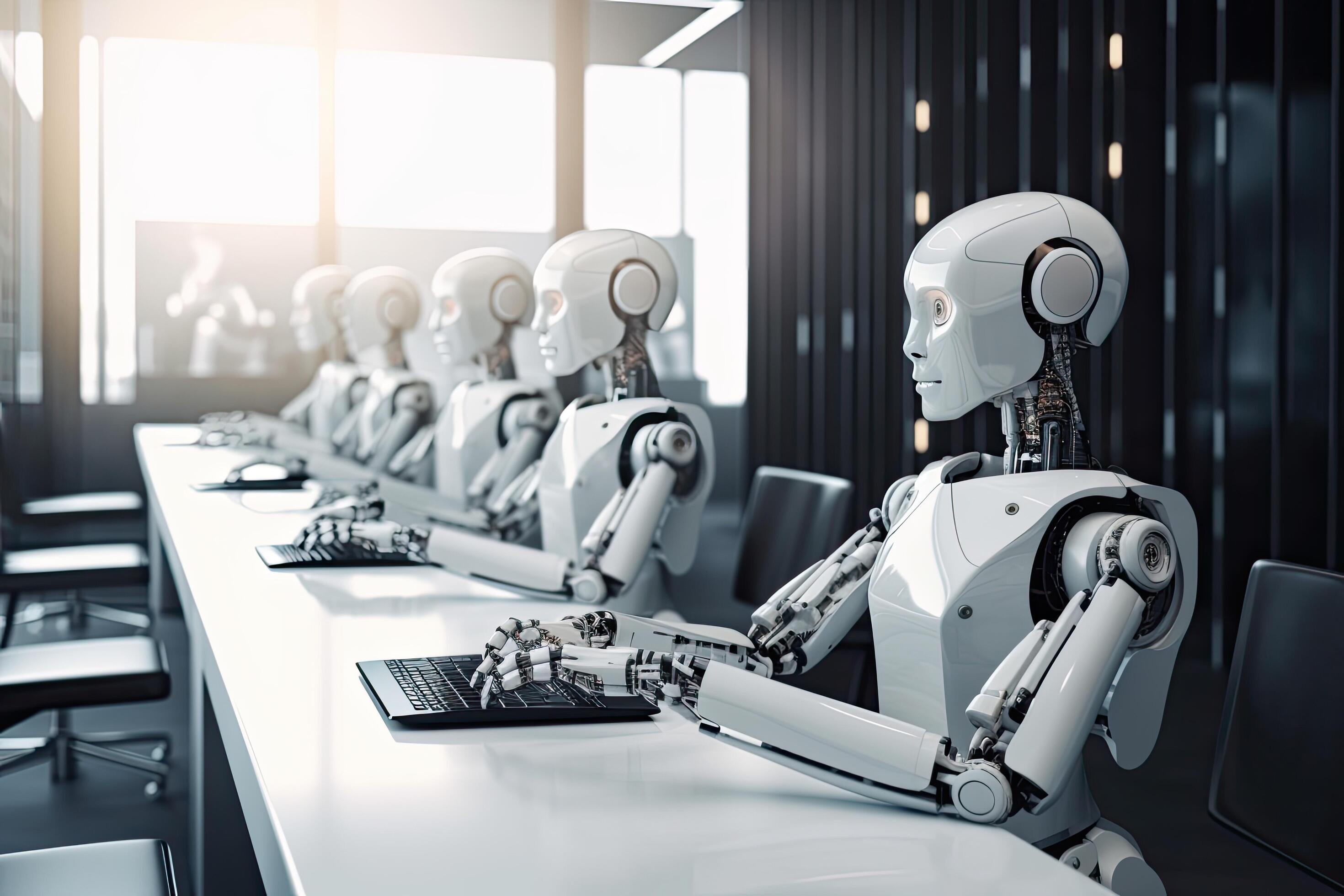 3d rendering robot working in modern office with computer. Concept of