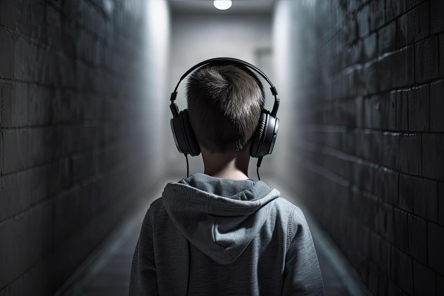 pequeño chico escuchando a música con auriculares en un oscuro habitación con ladrillo muro, un joven chico lleno posterior ver con auricular escuchando música, ai generado foto