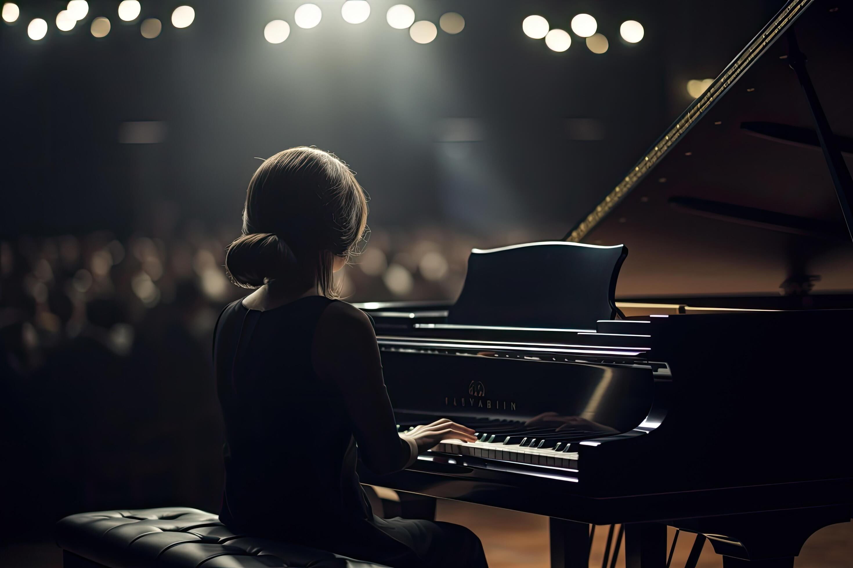 Young woman playing the piano in a concert hall. Selective focus. A pianist  playing a grand piano with passion and expertise, AI Generated 24571113  Stock Photo at Vecteezy