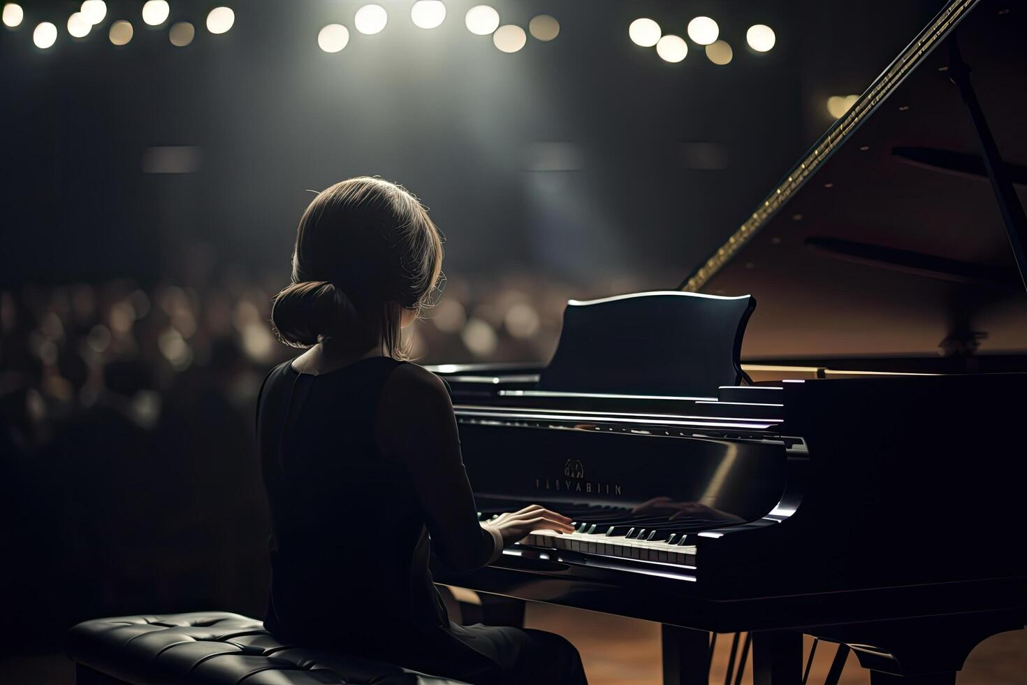 joven mujer jugando el piano en un concierto salón. selectivo enfocar. un pianista jugando un grandioso piano con pasión y pericia, ai generado foto