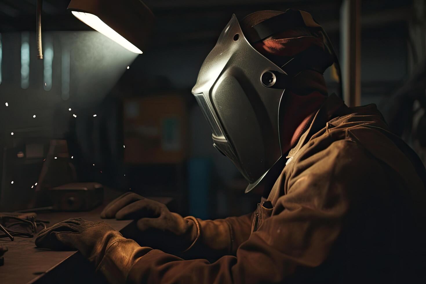 Welder at work in his workshop. He is wearing a welding mask. An Industrial welder wearing full protection and walding, photo