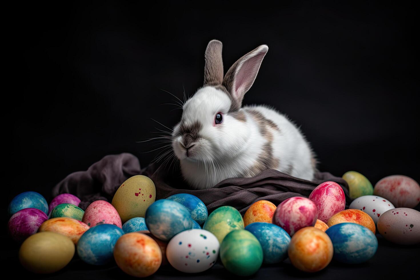 Rabbit and easter eggs on a black background. Studio shoot. . photo