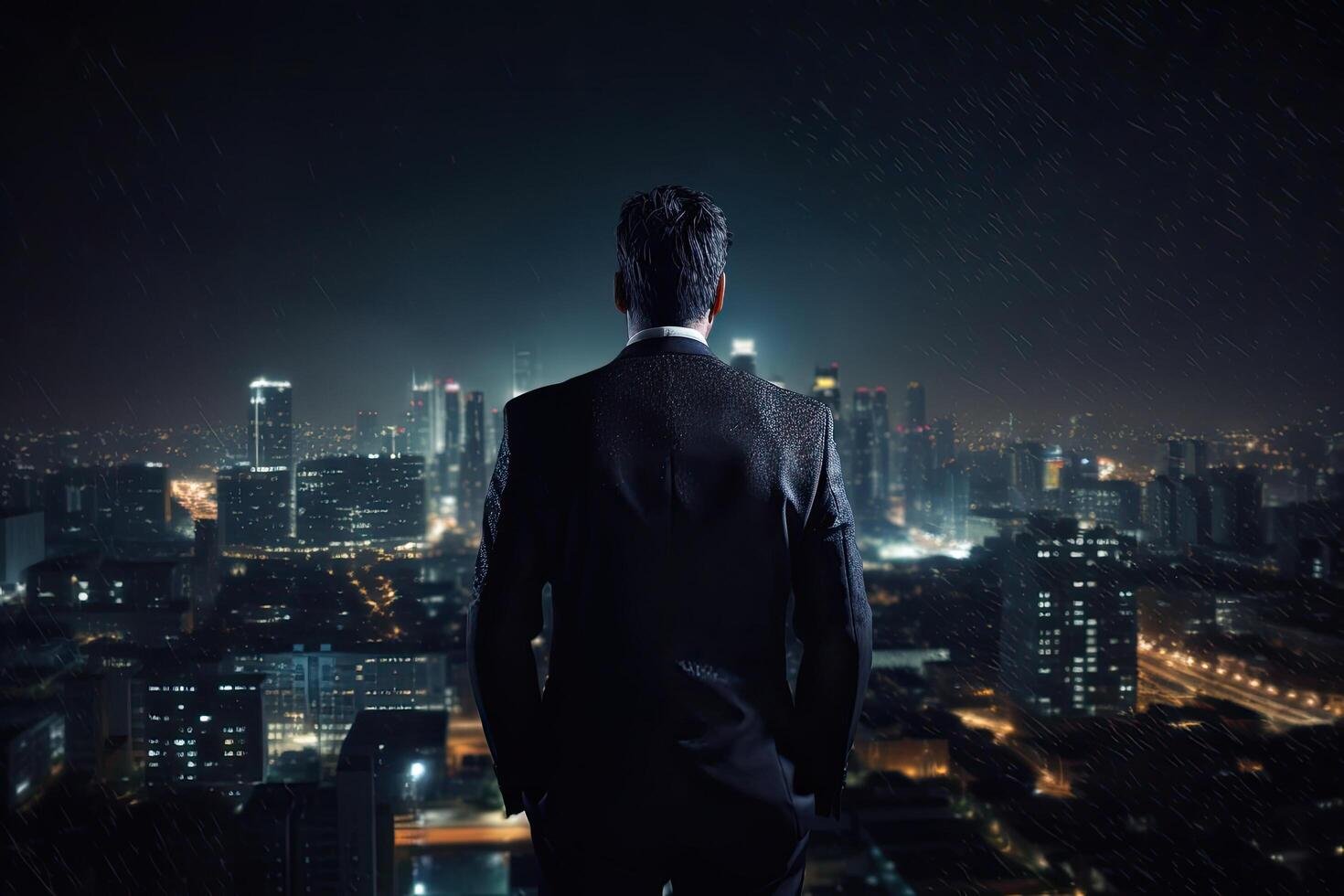 Back view of businessman looking at night cityscape and holding hands in pockets, A businessman full rearview wearing a tailored suit and looking out towards a city skyline. photo