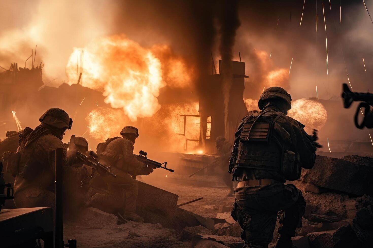 United States Navy special forces soldiers in action during a military operation. Army soldiers in action and firing on enemies with guns, photo