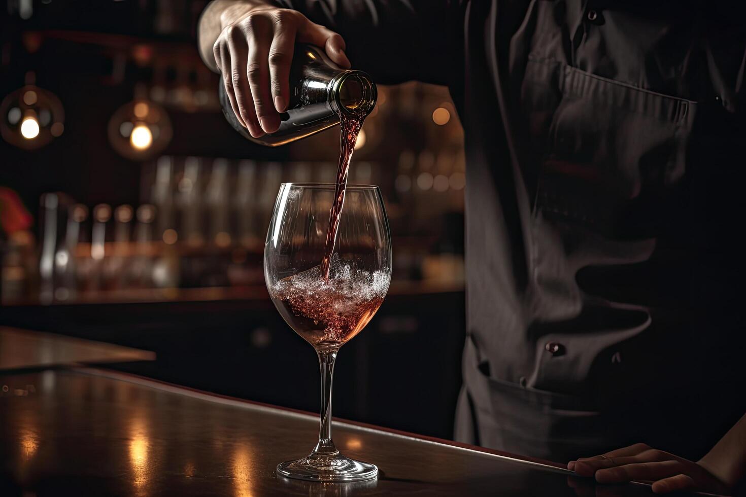 Bartender pouring red cocktail into glass at bar counter, closeup, A bartender closeup and without face pouring wine photo