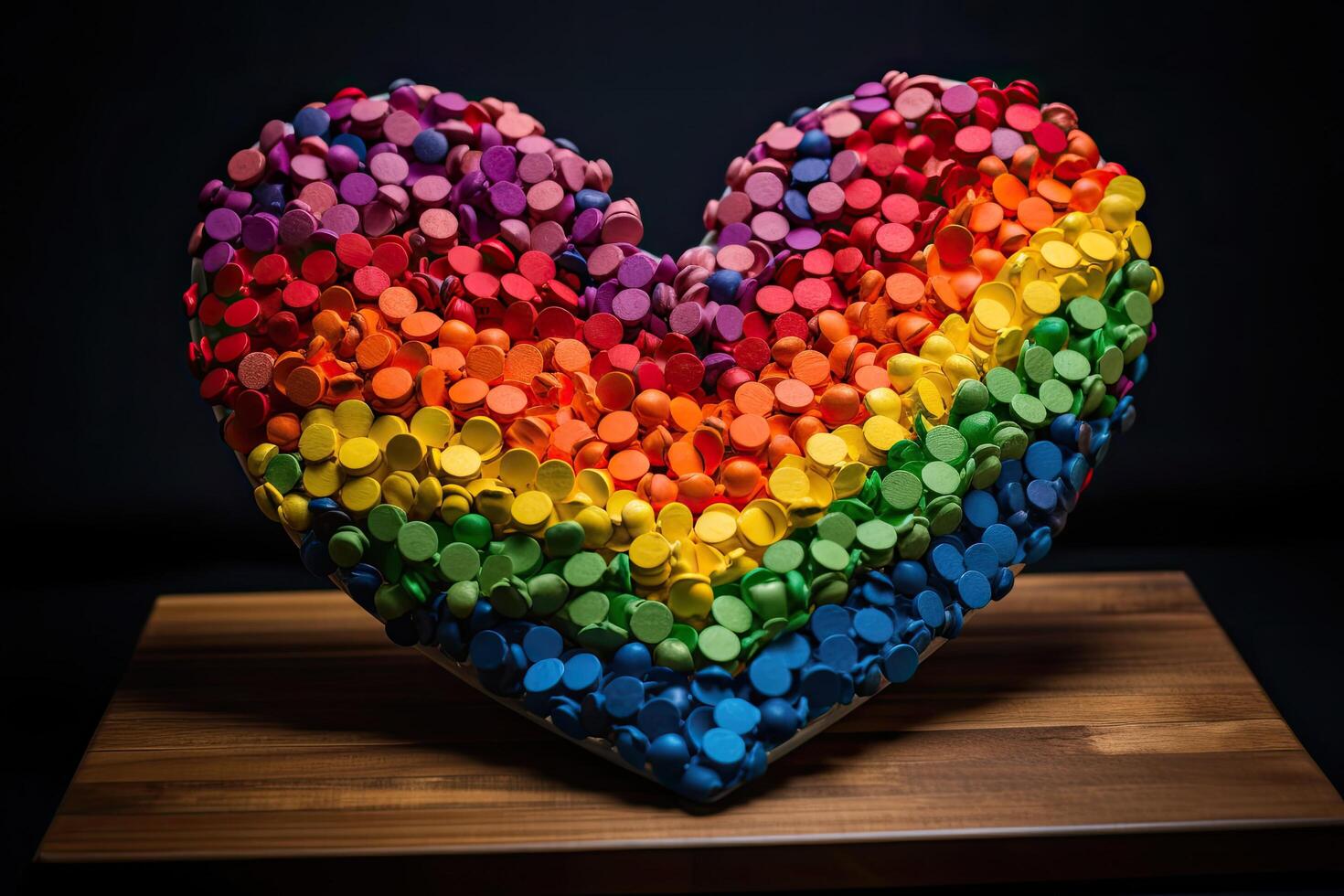 Heart made of colorful confetti on a wooden table. Black background. A heart made of rainbow colors, photo