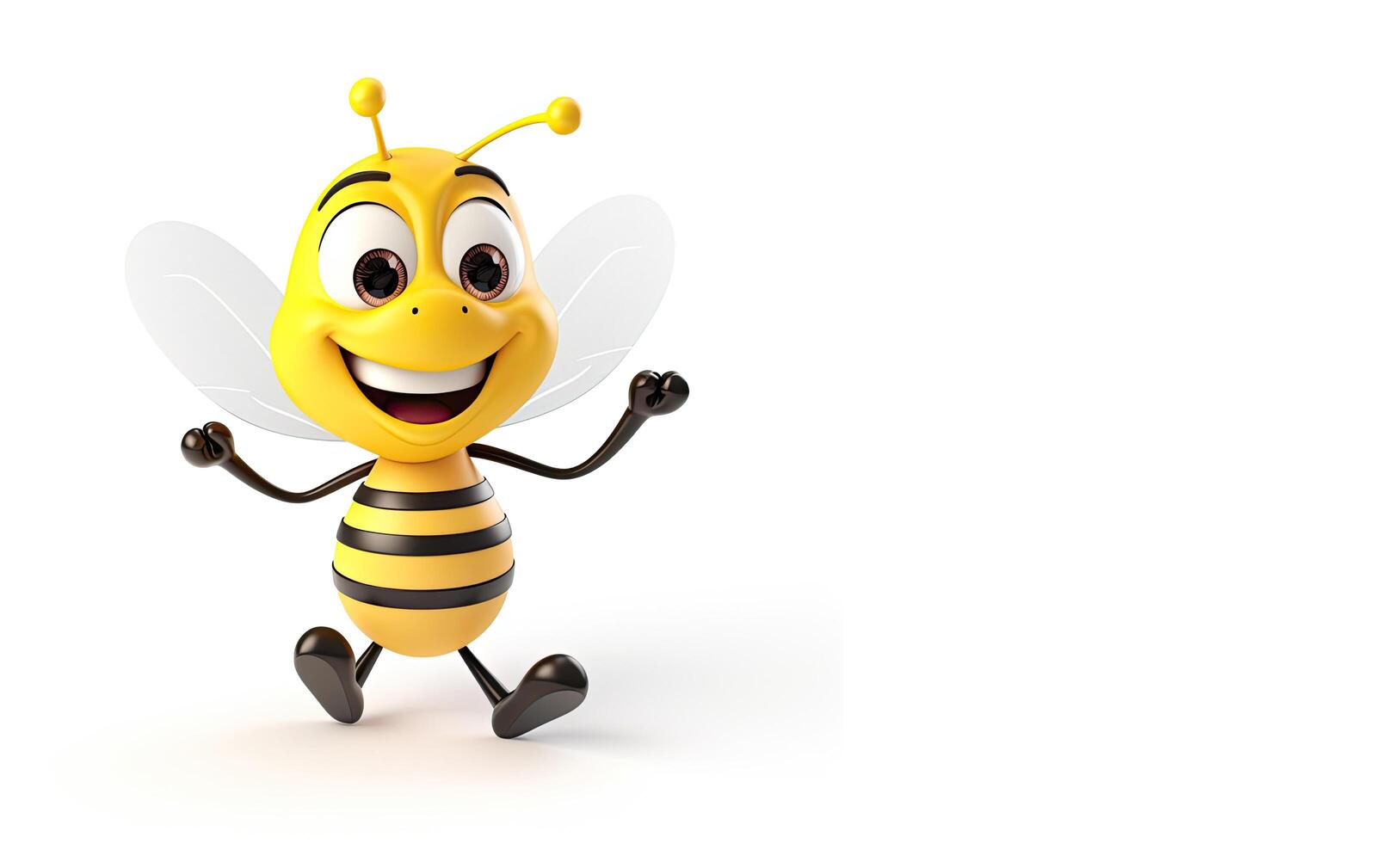 3d illustration of bee cartoon character with blank space for your text, A cartoon bee with a happy face and arm raised in a cheerful gesture. photo