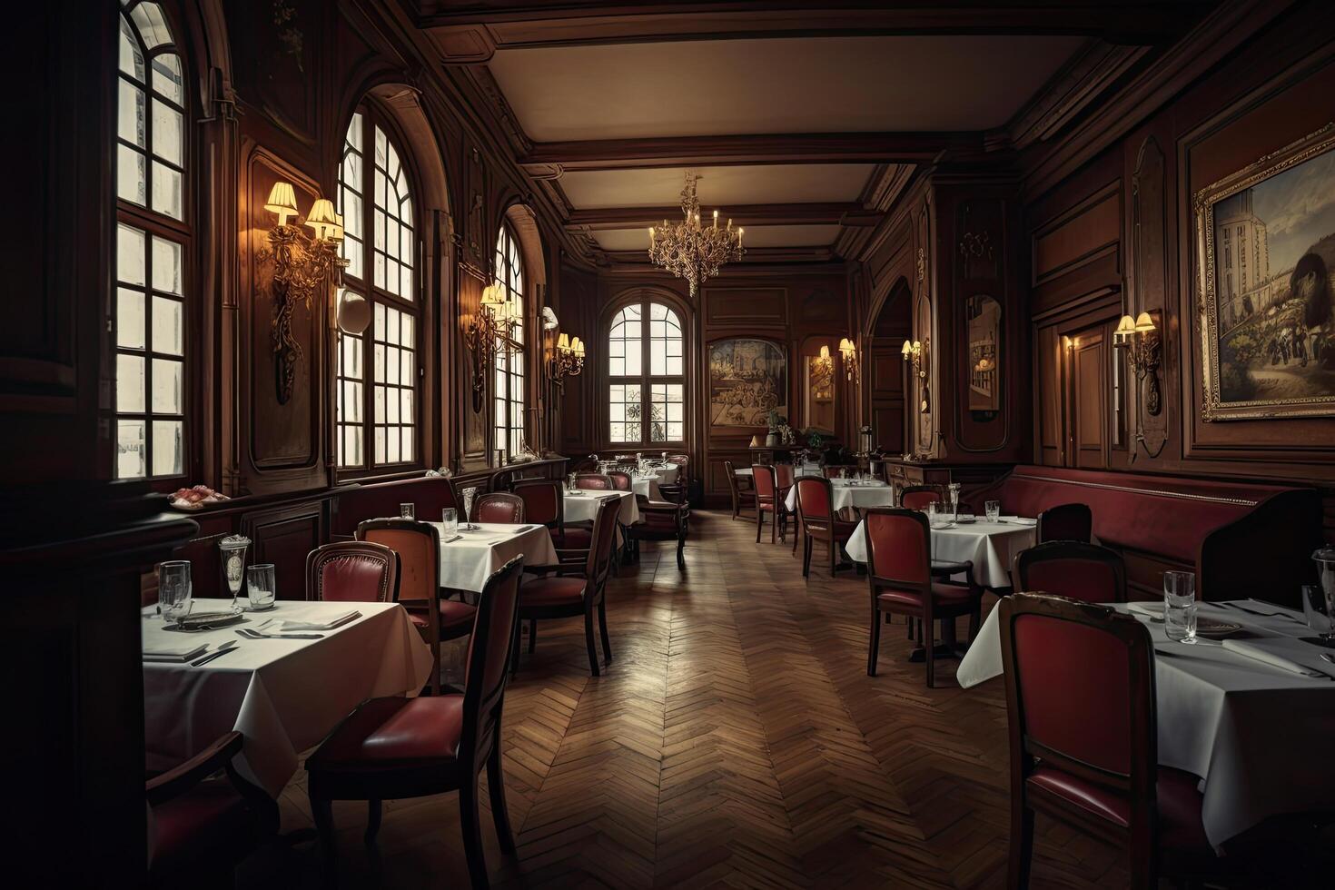 Interior of a luxury restaurant with tables and chairs, toned, A big French-style restaurant interior view without customers, photo